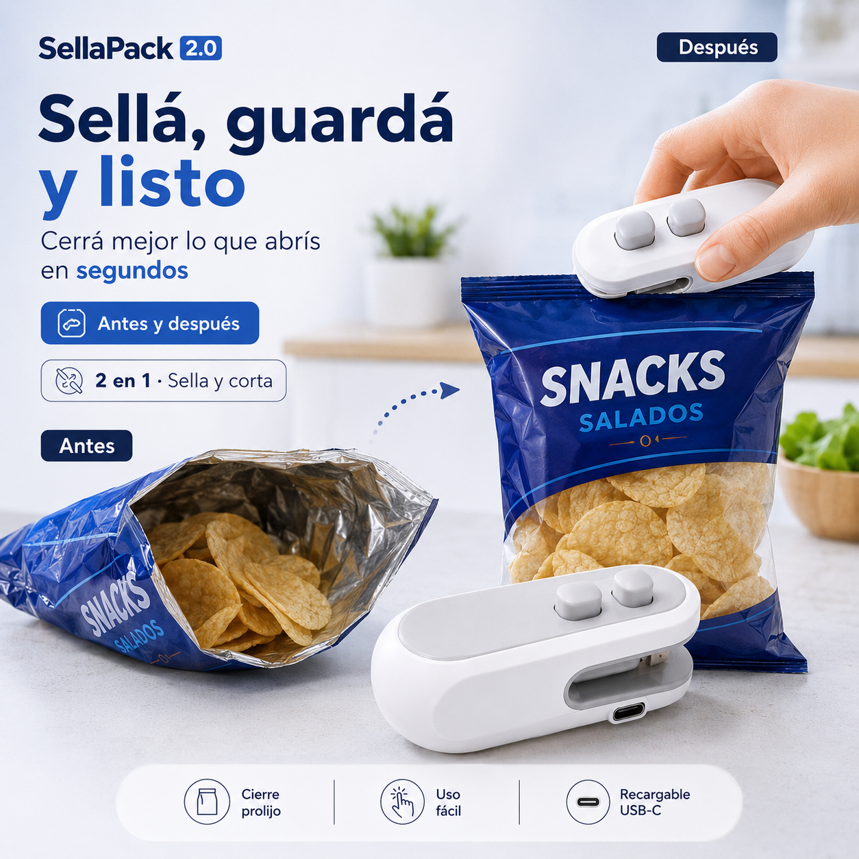 SellaPack 2.0 sellando una bolsa en segundos